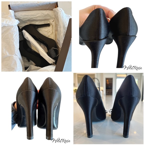 LOUIS VUITTON LIPSTICK PUMPS BLACK SATIN & PEBBLED SILVER LEATHER BOW PUMP 36.5 - Picture 15 of 17
